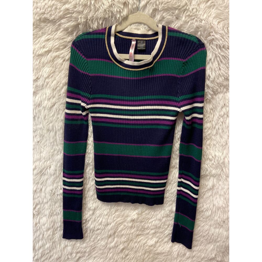 Love by Design, Juniors Navy/Green/Purple striped L/S Sweater, Size M